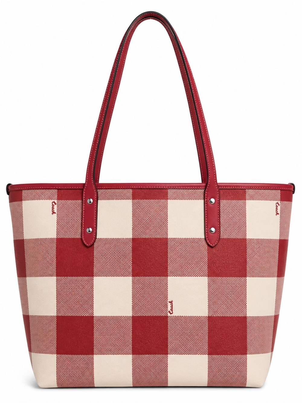 Coach Red and Cream Plaid Tote - Picture 3 of 15